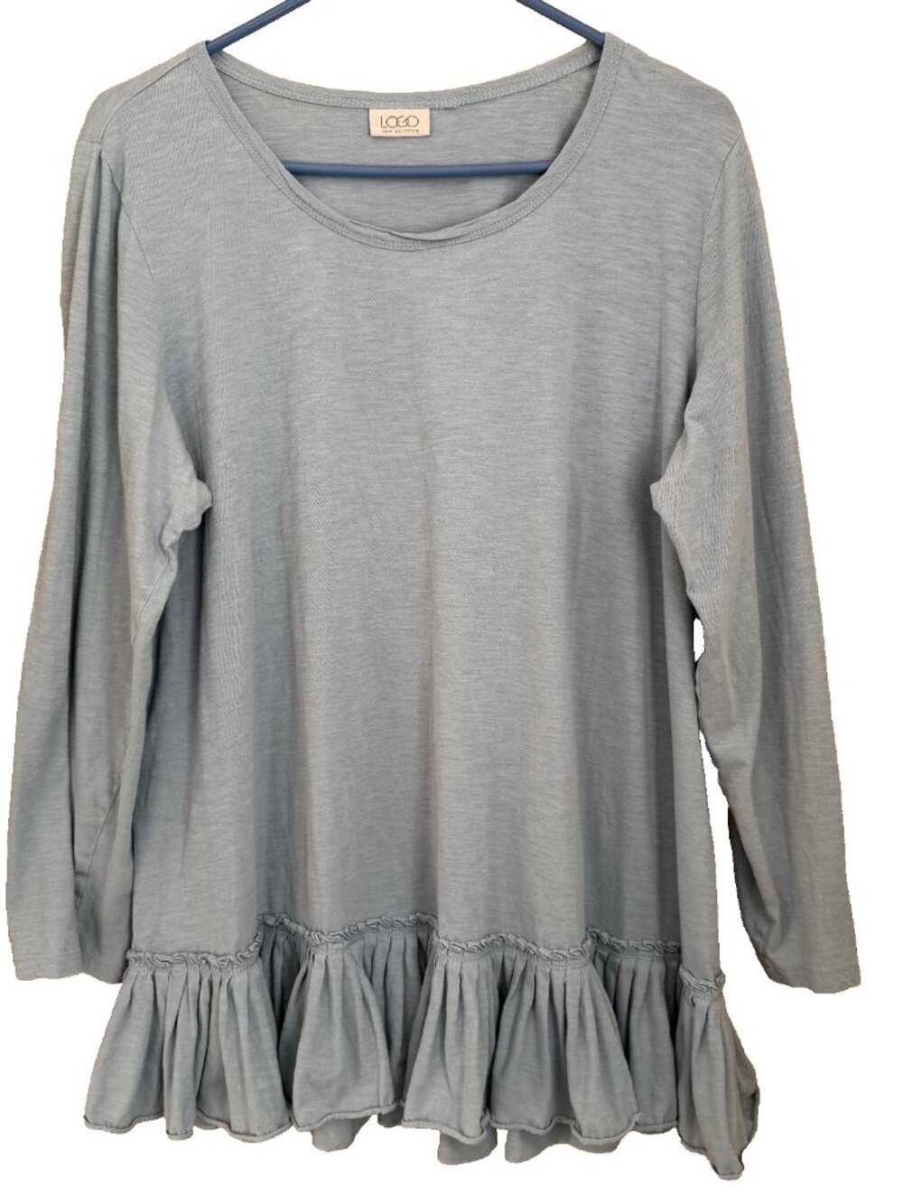 LOGO by Lori Goldstein Ruffle Hem Tunic Top XL Blue Gray Long Sleeve‎ Knit